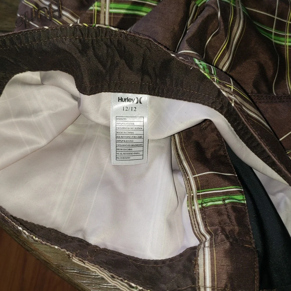 Boys Hurley Board Shorts Brown Green Plaid Size 12